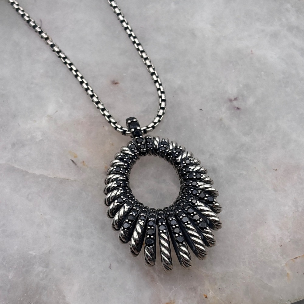 David Yurman Black Spinel Tempo Necklace 36" Adjustable Sterling Silver